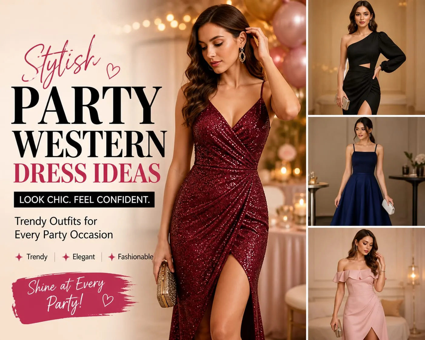 Stylish party western dress ideas collage featuring elegant sequin, black, blue, and pink party dresses for women
